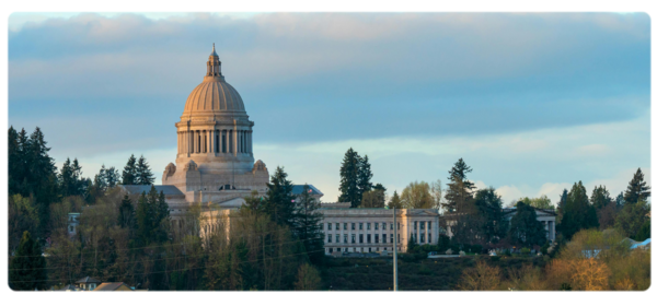 Skyline view of Olympia Washington and the state capitol building. 